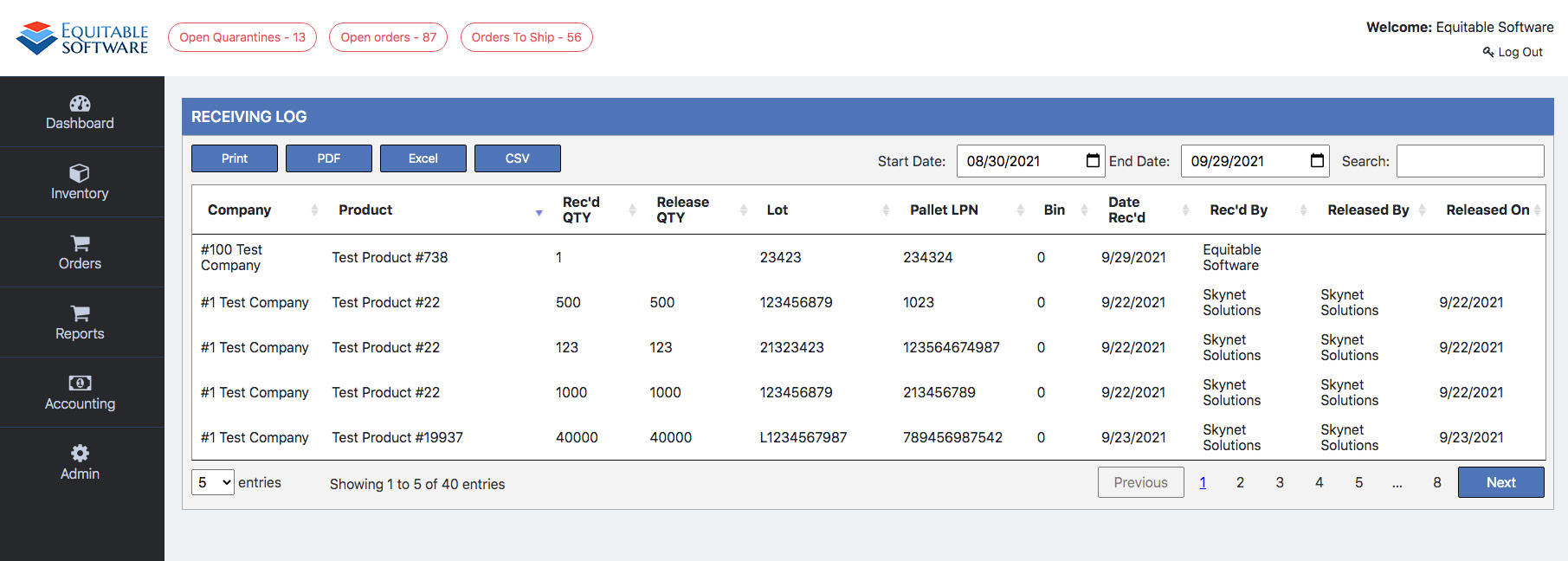 Receiving Log