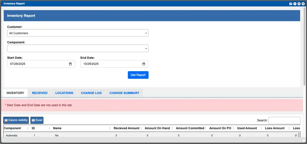 Inventory Report Window